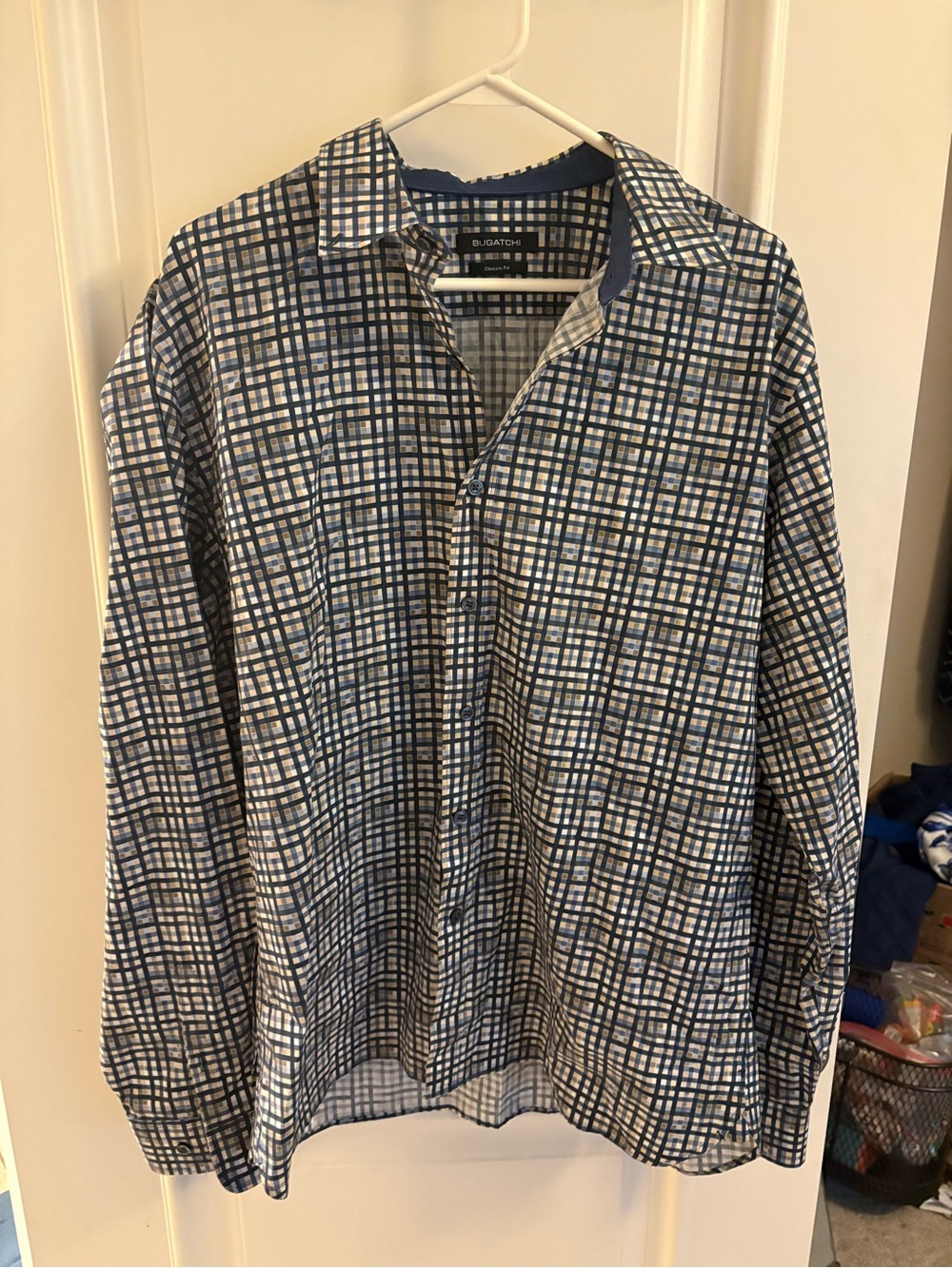 Bugatchi Navy and White Plaid Button-Down Shirt